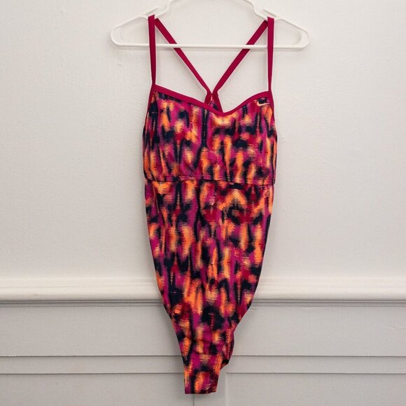Nike One-Piece Swimsuit XL Bold Vibrant Print Strappy Back Athletic Swim - Picture 1 of 3